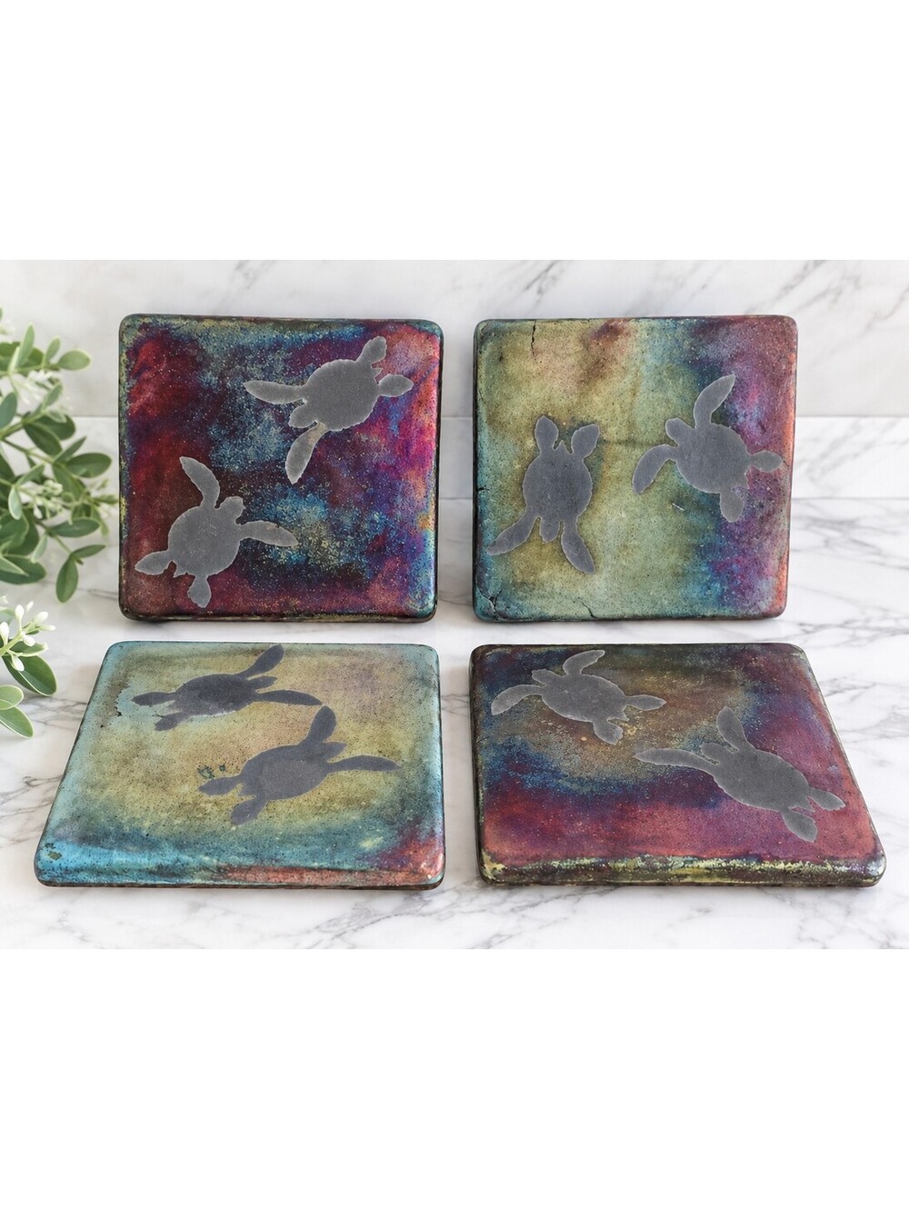 Javier Gaytan Maui Raku Sea Turtle Coasters Set of 4 Hawaiian Art Pottery